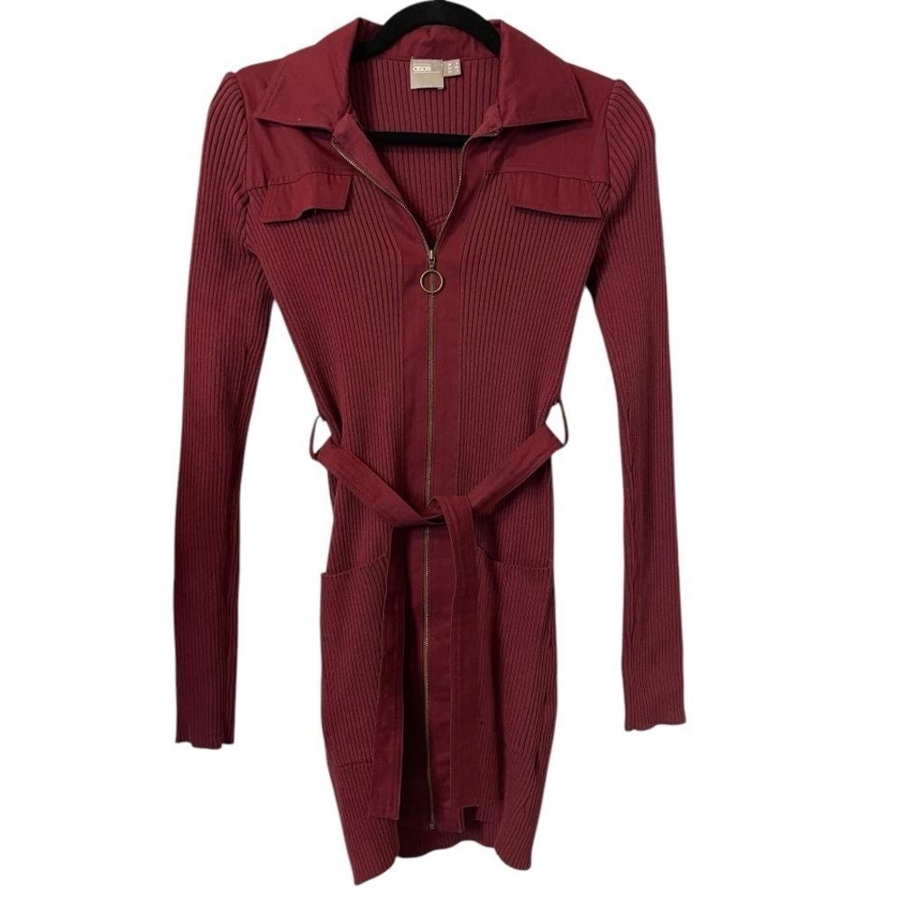 ASOS Long Sleeve Mini Sweater Dress with Zip Front in Burgundy Red Ribbed